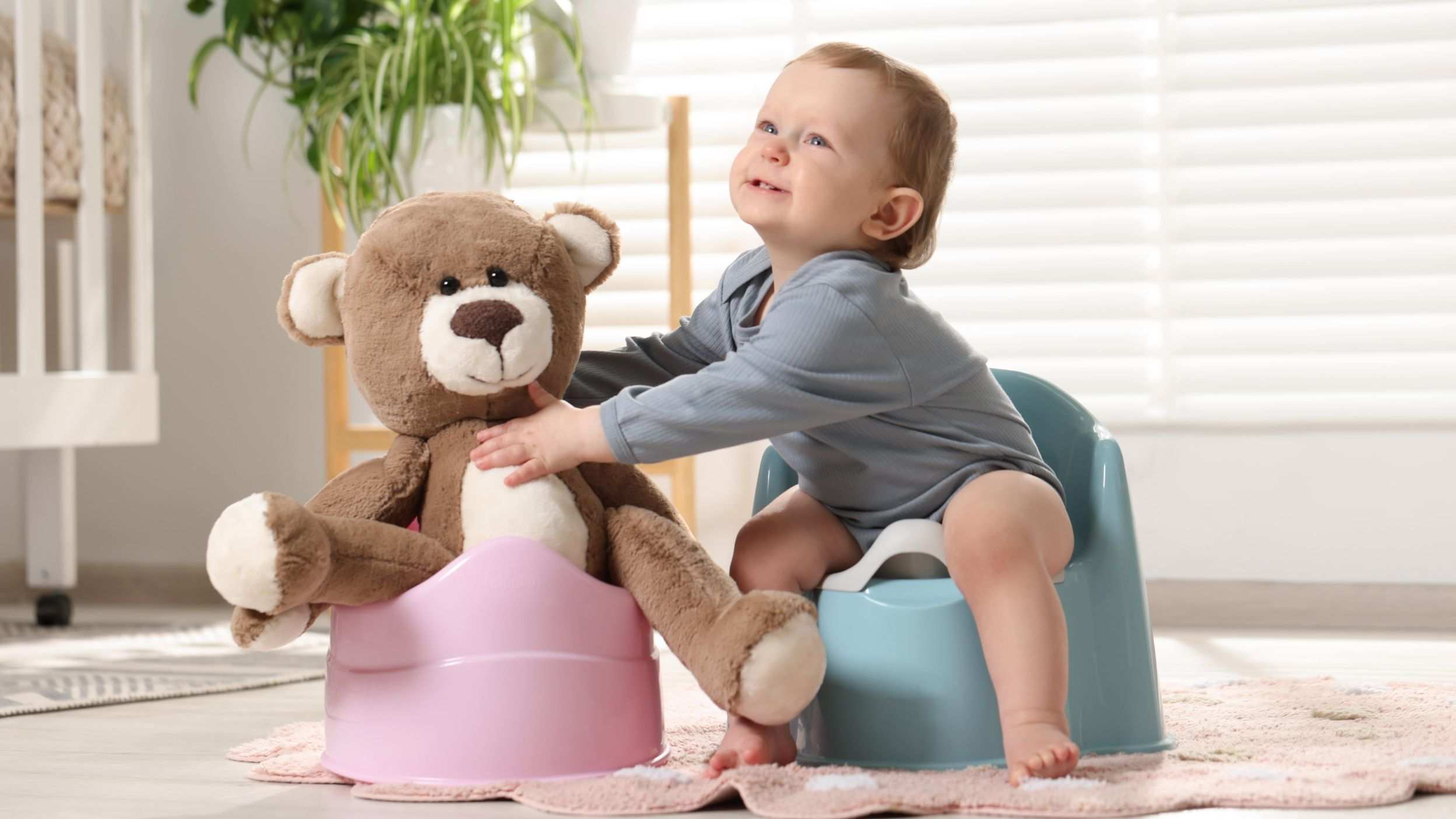 A toddler sitting on a potty and holding his teddy on another potty