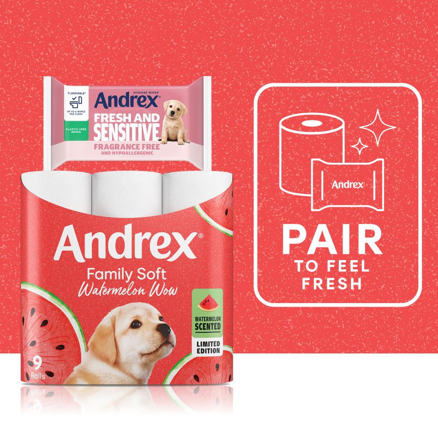Andrex Family Soft toilet roll pack and Andrex Fresh and Sensitive Hygiene Wipes pack